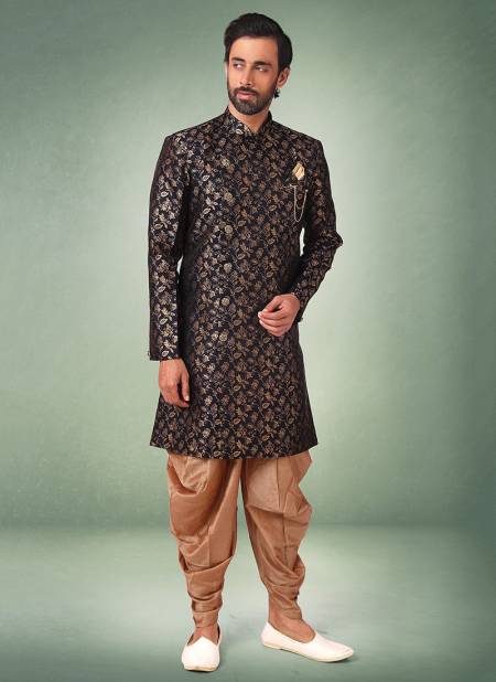 Navy Blue Colour New Exclusive Wedding Wear Jacquard Banarasi Brocade Indo Western Mens Collection 1095